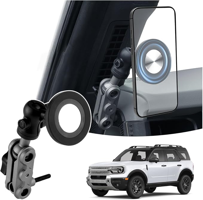 Magnetic Car Cell Phone Holder for Ford Bronco 2021-2026 Accessories, Bronco 2/4 Door Phone Mount for 4-7 Inch Phones, A-Pillar Mobile Stand with 2 Options iPhone Mag Safe & Clip-in