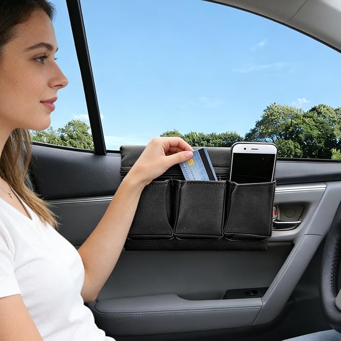 Car Window Armrest Storage Box, Leather Auto Side Door Arm Rest Pad Organizer with Multiple Pocket, Multifunctional Vehicle Armrest Elbow Pad Storage Bag, Universal Fit (Black)