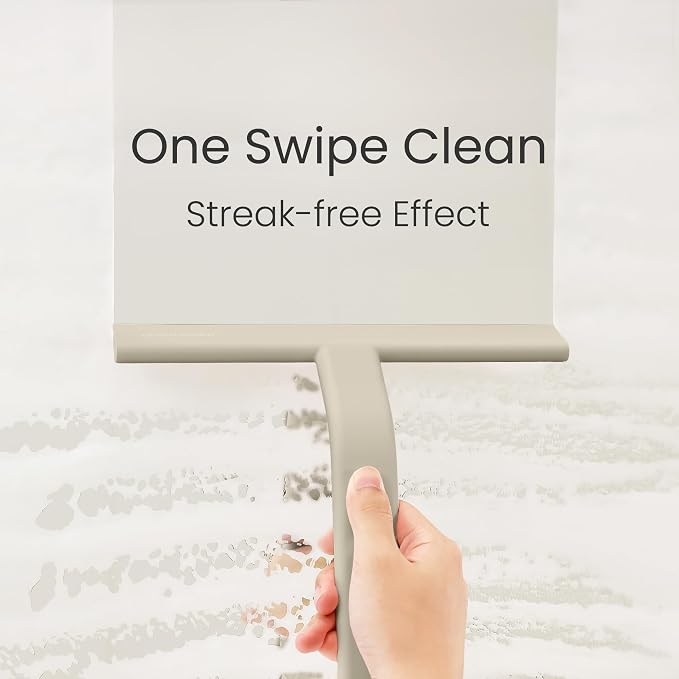JustHang Shower Squeegee for Glass Doors, All-One-Piece Award-Winning Silicone Squeegee with Built-in Hook for Bathroom,Window, Mirror, Tile Wall,Car, Streak-Free Cleaner,10-Inch Light Taupe