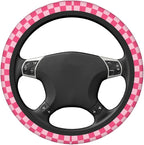 Hot Pink Checkered Steering Wheel Cover for Women, Universal Auto Steering Wheel 14-15 Inch Car Interior Accessories with 2PCS Car Coasters, Suitable for Men and Women