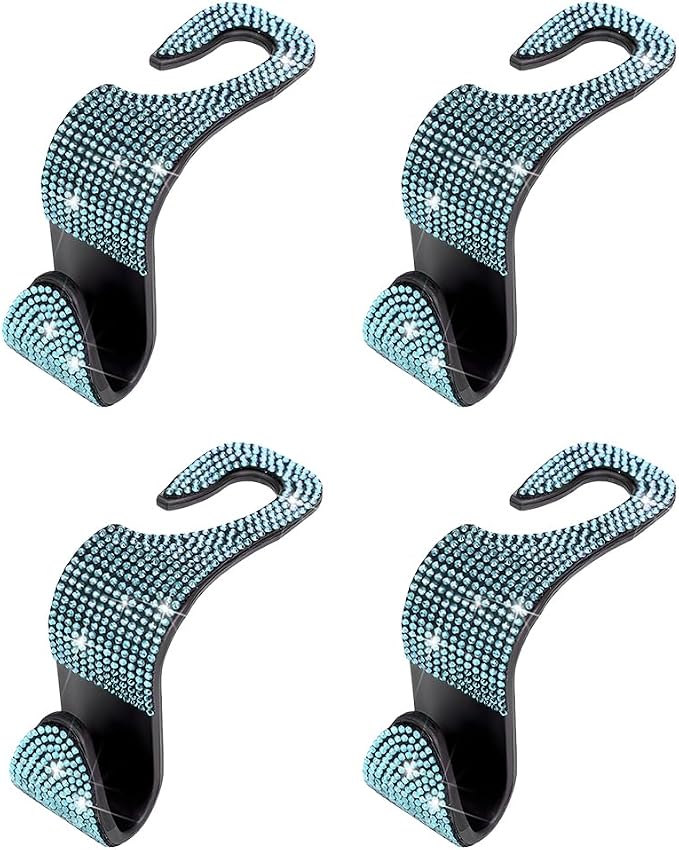 4PCS Bling Car Seat Headrest Hooks, Crystal Rhinestone Vehicle Back Seat Hanger Holder, Auto Interior Headrest Hanging Storage Organizer for Purse Handbag Coat, Universal Fit (Blue)