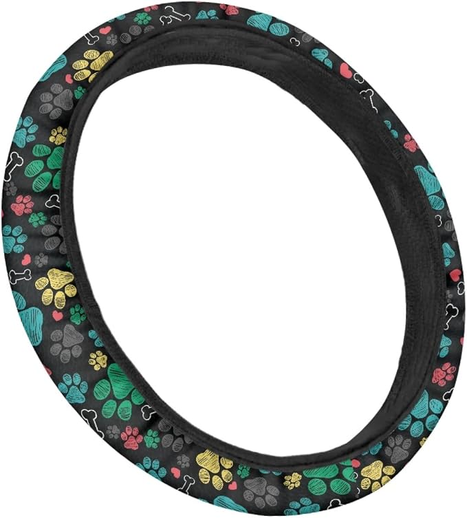 Puppy Paws Print Steering Wheel Protection Stretch-on Fabric Machine Washable Women Men Neoprene Automotive Steering Wheel Covers Sweat Absorption Comfort Grip for Driver Black Colorful