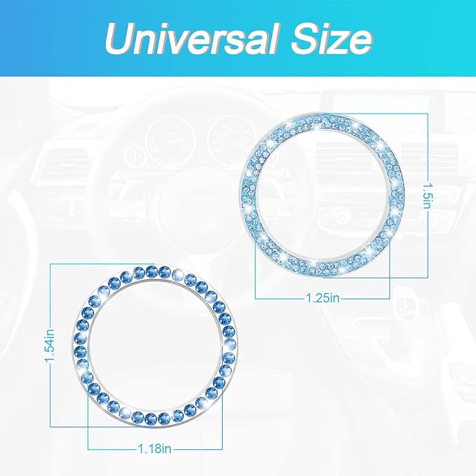 Car Bling Crystal Rhinestone Engine Start Ring Stickers, 1 Single Drainage Drill and 1 Double Drainage Drill Car Start Button Cover, Key Ignition Knob Bling Ring Decals, Car Accessories(Set Blue)
