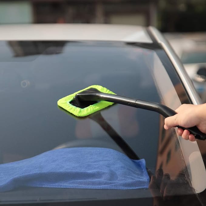 XINDELL Glass Cleaning Combo – 22" Portable Window Cleaner Tool with Ergonomic Handle & Microfiber Pad + 5-Pack Replacement Square Pads for Car Interior/Exterior Glass & Home Windows, Streak-Free Clea