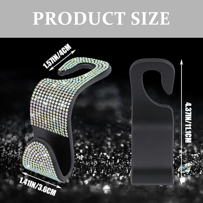4PCS Bling Car Seat Headrest Hooks, Purse Holder for Car, Vehicle Back Seat Purse Handbag Hanging Holder with Crystal Rhinestone, Diamond Car Rear Seat Organizer for Vehicles (Colorful)