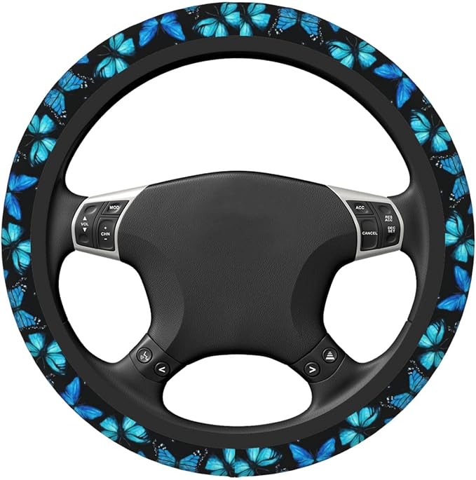 Blue Butterfly Steering Wheel Cover for Women, Universal Auto Steering Wheel 14-15 Inch Car Interior Accessories with 2PCS Car Coasters, Suitable for Men and Women