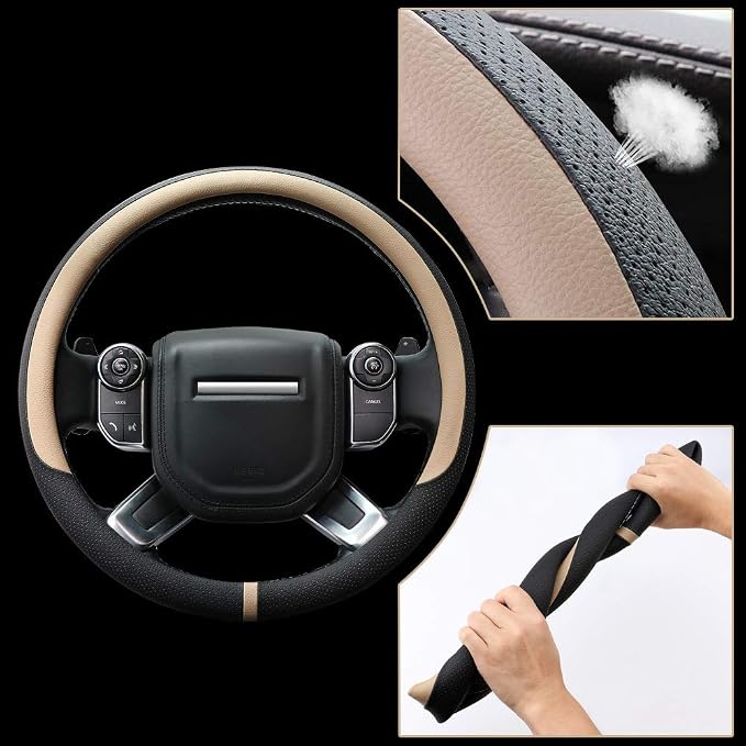 Breathable Car Steering Wheel Cover 16 inch Auto Universal Leather Wrap Non-Slip Steeringwheel Protector Automotive Interior Accessories, Beige (Suit for 15 1/2-16 inch)