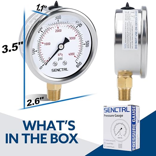 0-600 Psi Glycerin Liquid Filled Pressure Gauge, 2.5" Dial Size, 1/4" NPT Lower Mount, Stainless Steel Case, for Air Gas Water Oil Hydraulic Pressure Test