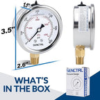 0-600 Psi Glycerin Liquid Filled Pressure Gauge, 2.5" Dial Size, 1/4" NPT Lower Mount, Stainless Steel Case, for Air Gas Water Oil Hydraulic Pressure Test