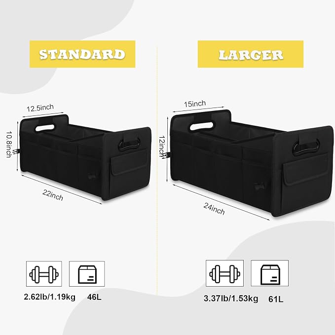 Car Trunk Organizer, Car Organizers and Storage Collapsible Multi Compartment Container Box, Adjustable Car Accessories for SUV Sedan Truck, Large Size, Black