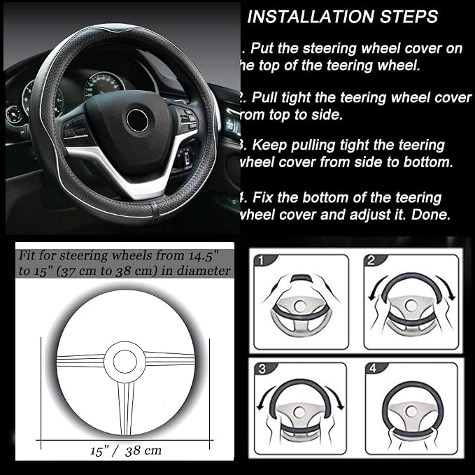 Microfiber Leather Steering Wheel Cover Anti-Slip Matte Finish Auto Car Wheel Cover Universal 15 Inch Wheel Cover for Car Embossing Pattern (M (14.5"-15" Diameter), White Line)