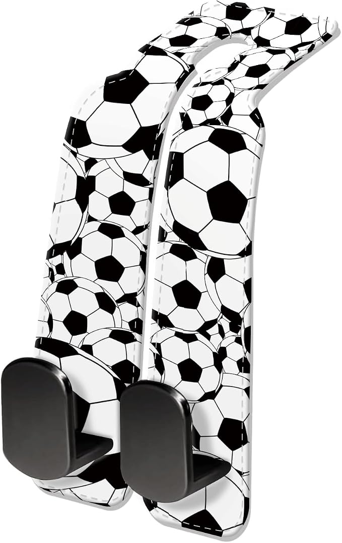 Car Seat Headrest Hook, Universal Leather Cute Hanger Holder Hook, Storage Organizer Interior Accessories for Purse Bags Handbag Black White Soccer