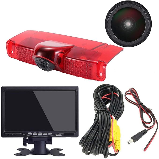 HD IP68 Third Roof Mount Brake Lamp Rear View Reverse Backup Camera Angle and Distance Adjustable Compatible with Chevrolet Express GMC Chevy Savana Exporer Cargo Van (Camera+7' Monitor)