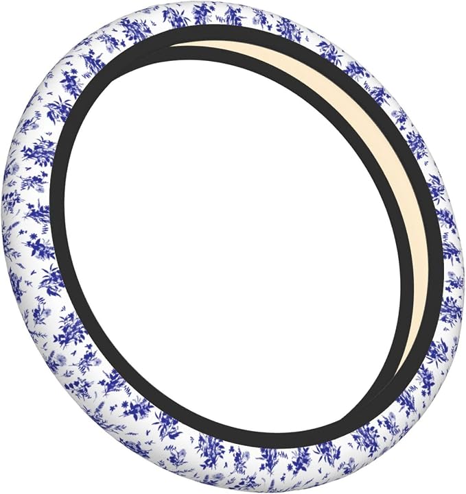 Floral Steering Wheel Cover Car Elastic Steering Wheel Protector | Blue White Anti-Slip Breathable Car Accessories Interior for Women Men Universal 15 Inch Fit Auto SUVs Vans Truck
