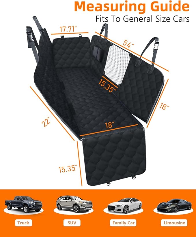 Dog Car Seat Cover with Mesh Window, 100% Waterproof Pet Seat Cover for Back Seat, Scratchproof Dog Hammock for Cars, Trucks, SUVs, Jeeps, Black