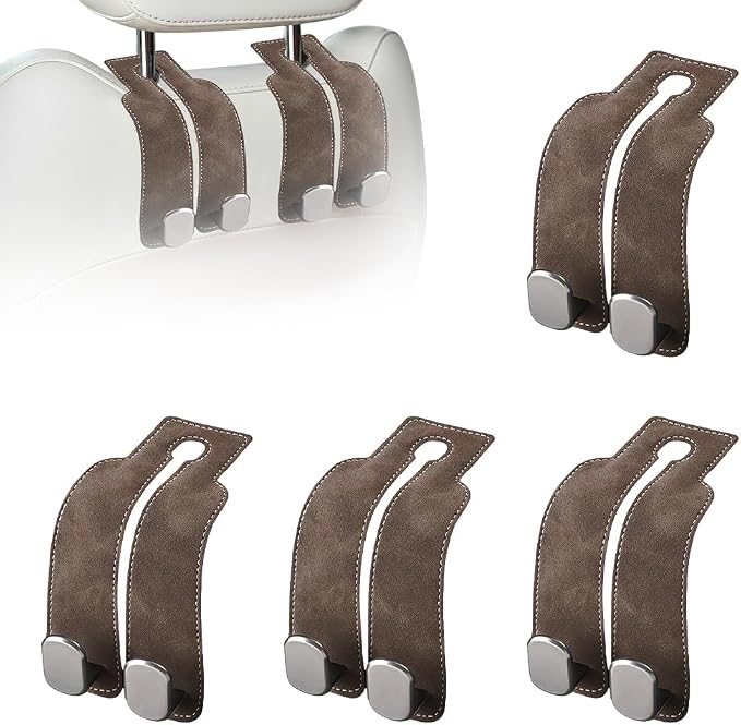 Headrest Hooks for Car, Twinhook Car Seat Hooks for Headrest, Leather Car Purse Holder Hooks for Purses and Bags, Universal Car Headrest Hangers Seat Back Organizer for Travel (Brown, 4Pcs)