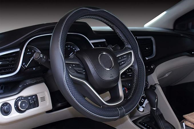 Universal Standard Size Steering Wheel Cover Anti-Slip,Safety,Soft,Breathable,Durable,Full Surround,Comfortable Grip Microfiber Leather (14.5-15 inch,Black Gray)