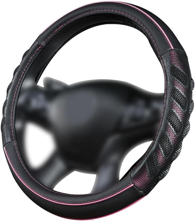 car Steering Wheel Cover Faux Leather Massage Universal fit 3D Honeycomb Hole Anti-Slip Sporty 15 Inches (Pink Black)