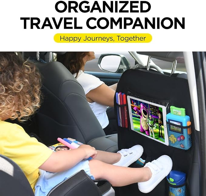 Back Seat Cover for Kids + 6 Pocket Storage Organizer, 2 Pack X-Large Kick Mats Backseat Protector with iPad Tablet Holder, Car Seat Back Protectors for Vehicles to Protect from Dirt & Mud