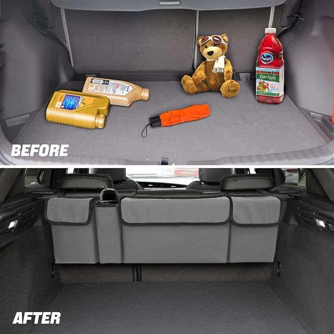 Car Trunk Organizer, Backseat Hanging Large Storage with Adjustable Straps, Waterproof Collapsible Cargo Bag with 4 Pockets, Sturdy Space Saver Frees Trunk Floor for SUV, Truck, MPV