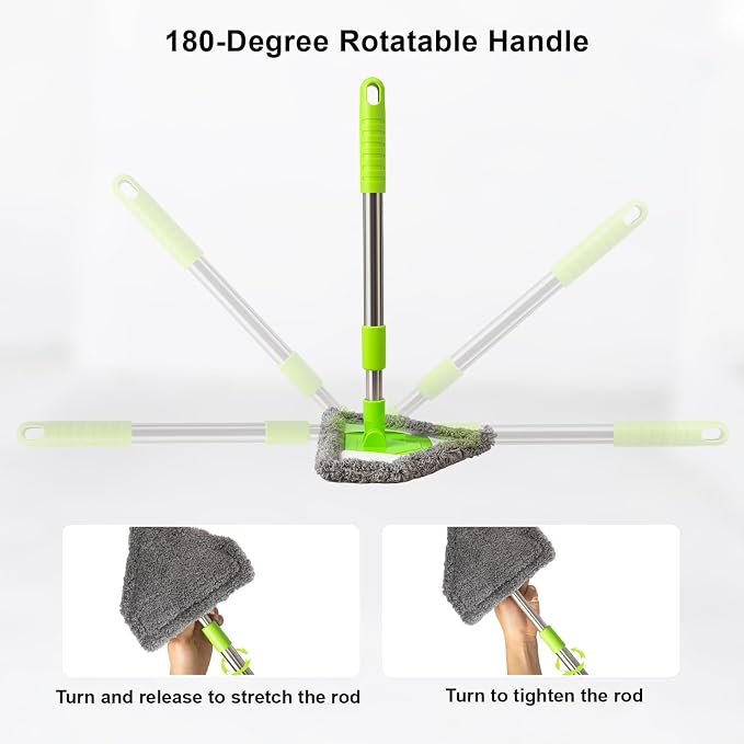 Car Windshield Squeegee Cleaning Tool - Vehicle Window Cleaner with 4 Reusable Washable Microfiber Pads, Telescoping Handle (13" - 16.7"), 180° Rotatable for Both Interior and Exterior Car Glass.