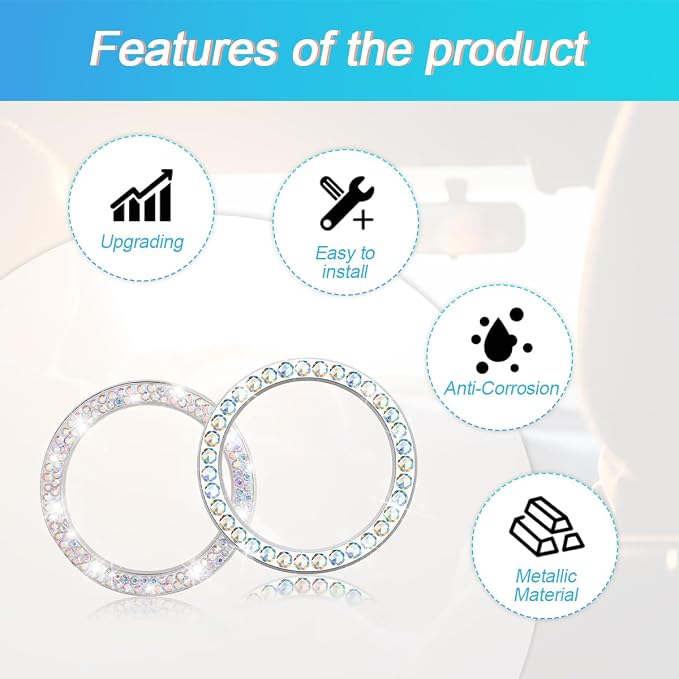 Car Bling Rhinestone Engine Start Ring Stickers, 1 Single Drainage Drill and 1 Double Drainage Drill Car Start Button Cover, Key Ignition Knob Bling Ring Decals, Bling Car Accessories(Set Multicolor)