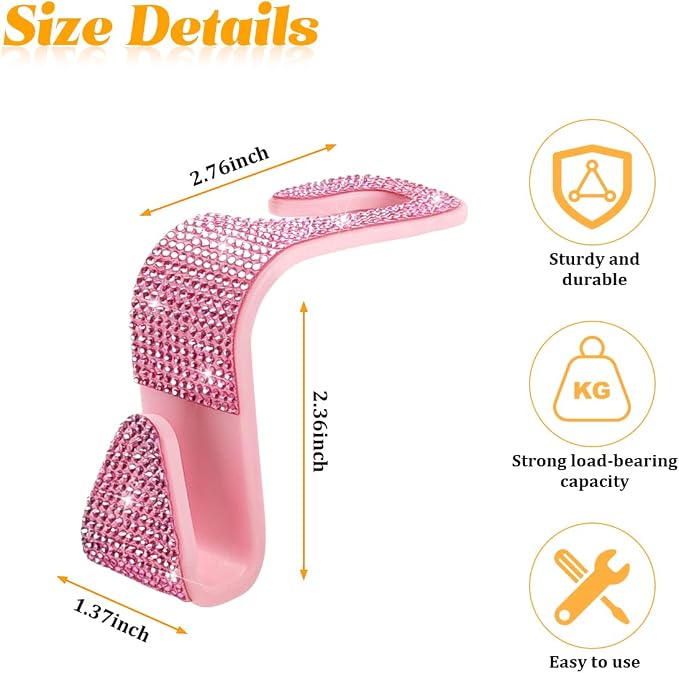 HZEL Bling Car Seat Headrest Hooks, 4PCS Crystal Rhinestone Vehicle Seat Back Hanger Holder for Purses Bag Handbags, Diamond Headrest Storage Organizer, Universal Auto Accessories (Pink)