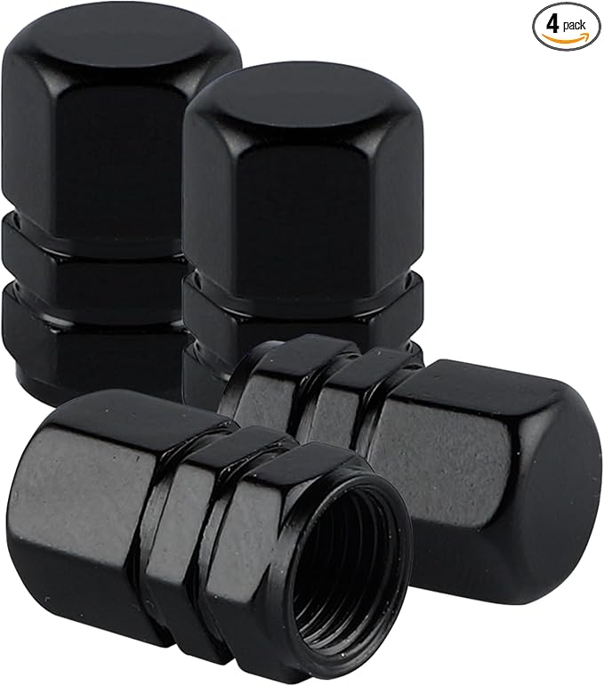 Aluminum Tire Stem Valve Caps Wheel Valve Covers Car Dustproof Tire Cap Cover Accessories, Universal for SUV, Car, Bike and Motorcycle, Hexagon Shape (4PCS Black)