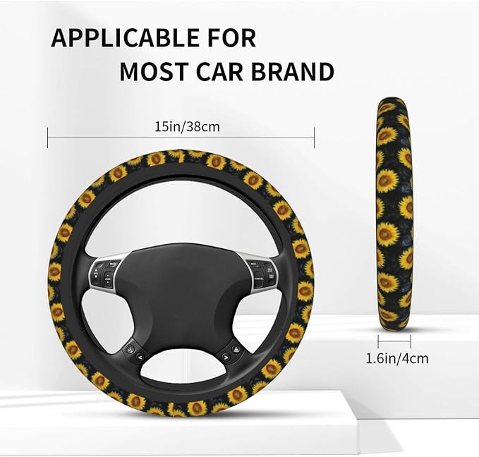 Sunflower Floral 3-Pc Car Set : Steering Wheel Cover + 2 Pc Car Coasters | Universal 14 - 15 Inch Breathable Anti Slip Sunflower Car Accessories Decor for Men Women