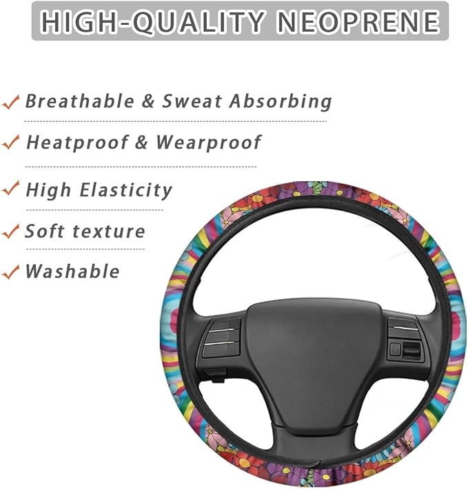 Groovy Hippie Flower Pattern Car Steering Wheel Cover Fit Most SUV Truck Car Van Easy to Install Car Wheel Cover Protector Steering Wheels Accessories Universal Fit 15 inches
