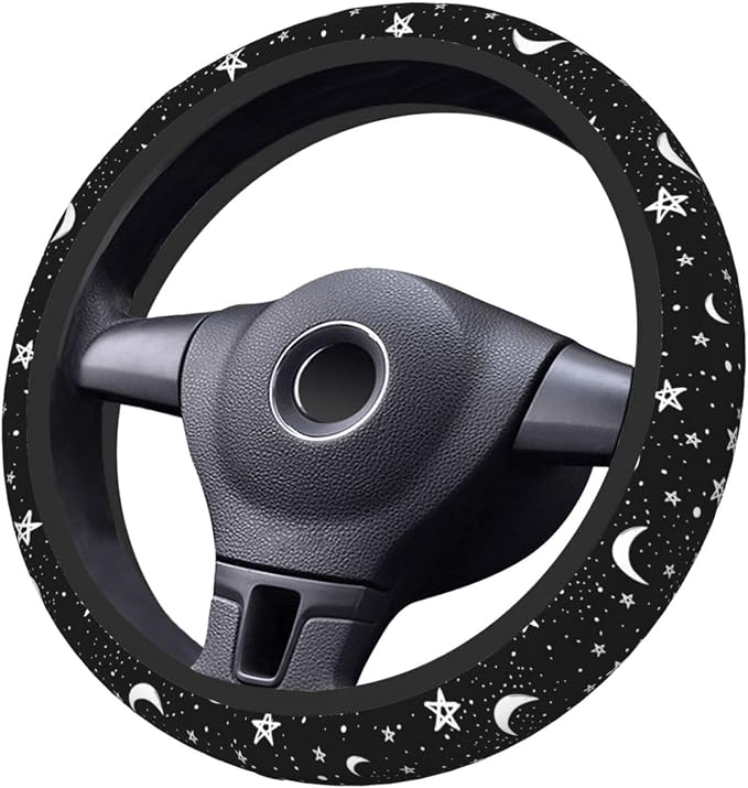 Black White Moon Star Neoprene Steering Wheel Cover Anti-Slip Elastic Moon Steering Wheel Protective Cover 15in Universal Car Accessories Fit Cars, SUVs, Auto