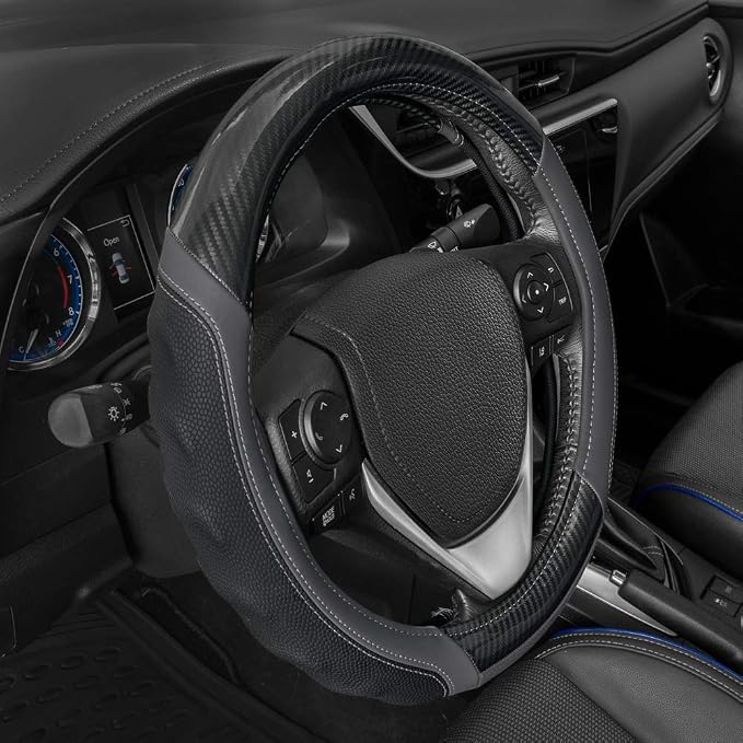 UltraSport Gray Carbon Fiber Steering Wheel Cover, Standard 15 inch Size, Black Faux Leather Comfort Grip, Car Steering Wheel Cover for Auto Truck Van SUV