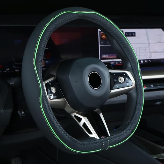 Flat Bottom Steering Wheel Cover Anti-Slip,Safety,Soft,Breathable,Durable,Full Surround,Comfortable Grip Microfiber Leather (D Shape, Green)