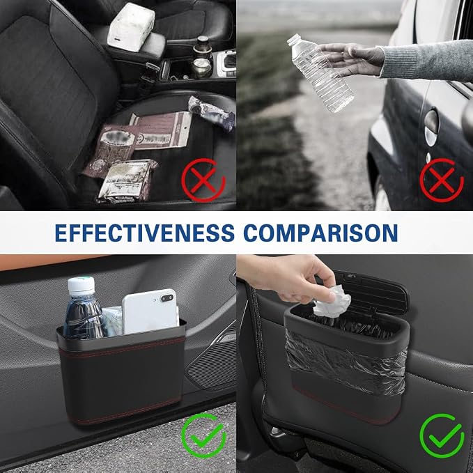 2PCS Car Trash Can with Lid, Press-Top Car Trash Bin with 30PCS Cars Trashs Bags, Small Automotive Dustbin Garbage Container Universal Fit Most Cars Office Home (2pcs-Black)