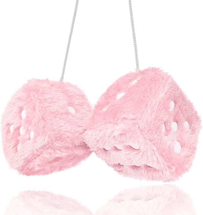 Fuzzy Plush Dice for Car Mirror, Pair of Retro 3” Light Pink Dice with White Dots for Car Interior Hanging Ornament Decoration (Light Pink)