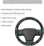 Puppy Paws Print Steering Wheel Protection Stretch-on Fabric Machine Washable Women Men Neoprene Automotive Steering Wheel Covers Sweat Absorption Comfort Grip for Driver Black Colorful