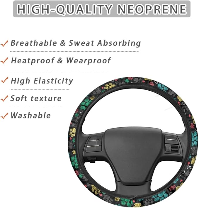 Puppy Paws Print Steering Wheel Protection Stretch-on Fabric Machine Washable Women Men Neoprene Automotive Steering Wheel Covers Sweat Absorption Comfort Grip for Driver Black Colorful