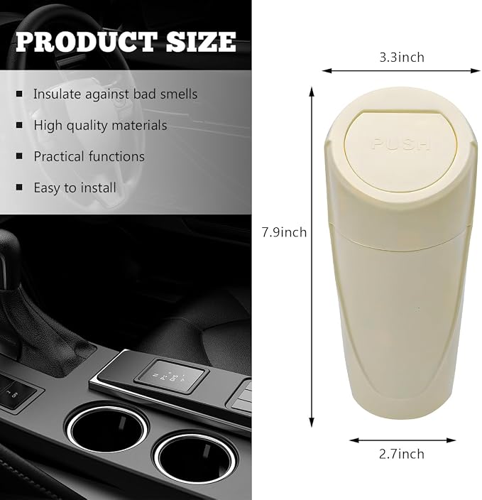 Car Trash Can Bin with Lid, Mini Vehicle Cup Holder Organizer Leakproof Garbage Bin, Waterproof Cup Type Trash Can Multi-Function Storage Container for RV Home Office (Beige)