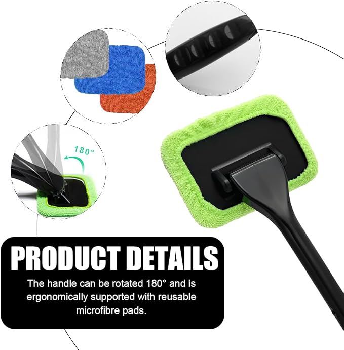 Car Windshield Cleaning Tool, Microfiber Auto Window Cleaner with 4 Cloth Pads & Long Handle, Reusable Window Cleaning Tool Kit for RV SUV Truck, Car Accessories (Green)