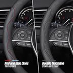 Nappa Premium Leather car Steering Wheel Cover, Non-Slip, Breathable, Universal 15 inches,Black and red Blue line