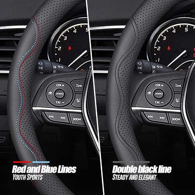 Nappa Premium Leather car Steering Wheel Cover, Non-Slip, Breathable, Universal 15 inches,Black and red Blue line