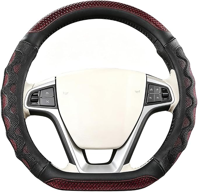 D-Shaped Car Steering Wheel Cover, 14.5-15" Anti-Slip Steering Wheel Protector with 3D Honeycomb Massage Grip, Comfortable Sporty Auto Interior Decor Accessories, Universal Fit (Black/Red)