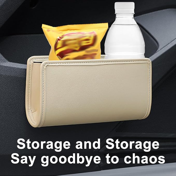 Car Seat Side Storage Pocket, Leather Hanging Foldable Multifunctional Vehicle Front Door Back Organizer Box, Waterproof Auto Interior Organizing Container, Universal fit(Beige)