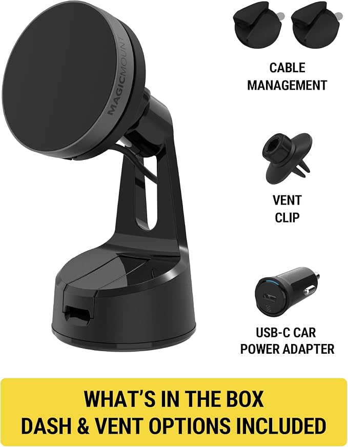 Qi2 Wireless MagSafe Car Mount Charger, 15W Magnetic Suction Cup Windshield/Dashboard Cell Phone Holder with Vent Clip & Fast USB-C Car Charger Compatible with Apple iPhone 16/15/14/13/12, S25