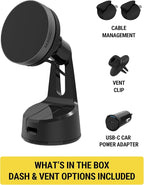 Qi2 Wireless MagSafe Car Mount Charger, 15W Magnetic Suction Cup Windshield/Dashboard Cell Phone Holder with Vent Clip & Fast USB-C Car Charger Compatible with Apple iPhone 16/15/14/13/12, S25