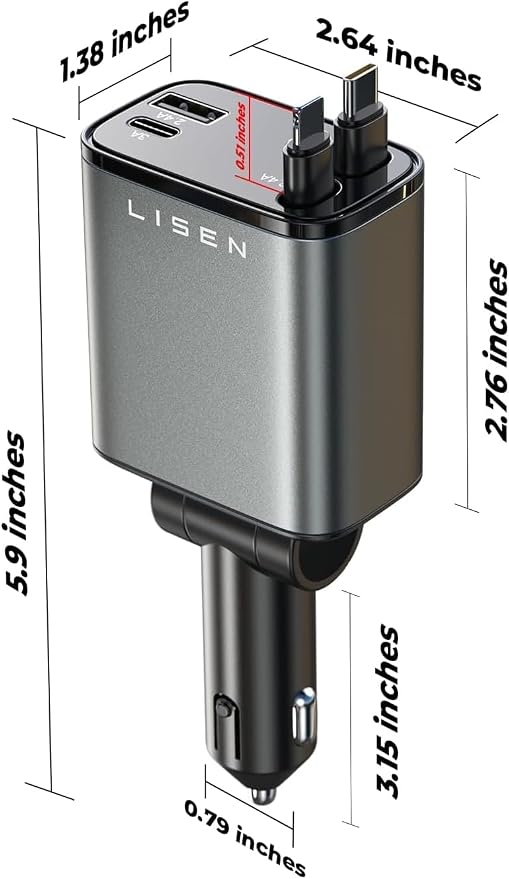 Retractable Car Charger 4 in 1 for Cars, 69W Retractable USB C Car Charger with 31.5in Cable, Fast Charging for iPhone 17 16 15 14 13 12 Pro Max Plus, Compact Cars Accessories for Daily Driving