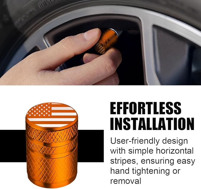 American Flag Tire Valve Stem Caps - (5 Pack) Metal Air Caps with Plastic Liner, Corrosion Resistant, Leak-Proof, Universal Stem Covers for Cars Trucks Motorcycles and Bikes - Orange