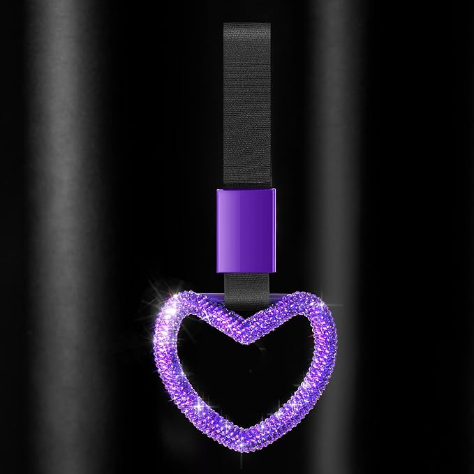 Bling Car Accessories Bling Heart Handle Ring Car Accessory for Women Hand Strap Drift Charm Rear Bumper Warning Ring Decor for Auto Bus Interior Exterior Decoration (Purple, Heart Style)