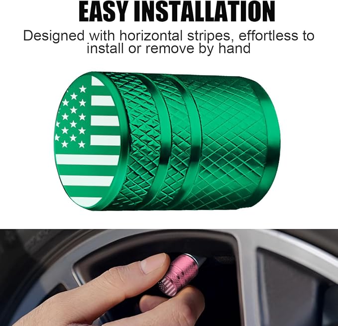 Tire Valve Stem Caps - (4 Pack) American Flag Metal Air Caps with Plastic Liner, Durable, Corrosion Resistant and Leak-Proof, Universal Fit for Cars, Trucks, Motorcycles, and Bikes - Green