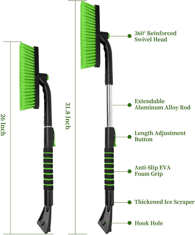 Ice Scraper with Snow Brush for Car Windshield, Upgraded Extendable Snow Brush with Foam Grip for Truck SUV Vehicle Windows